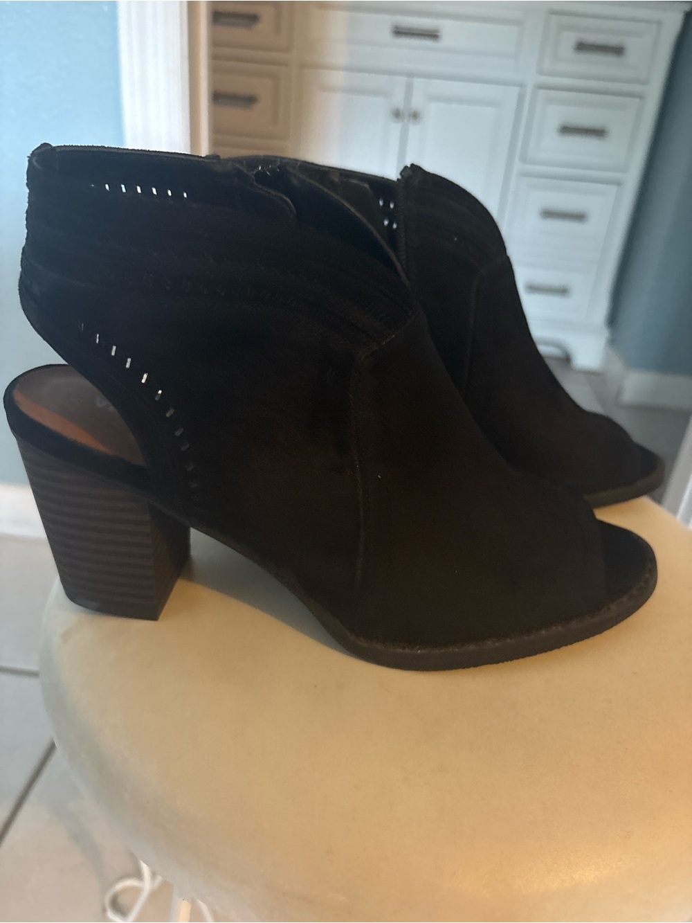 Women's Black Peep-Toe Block Heel Booties